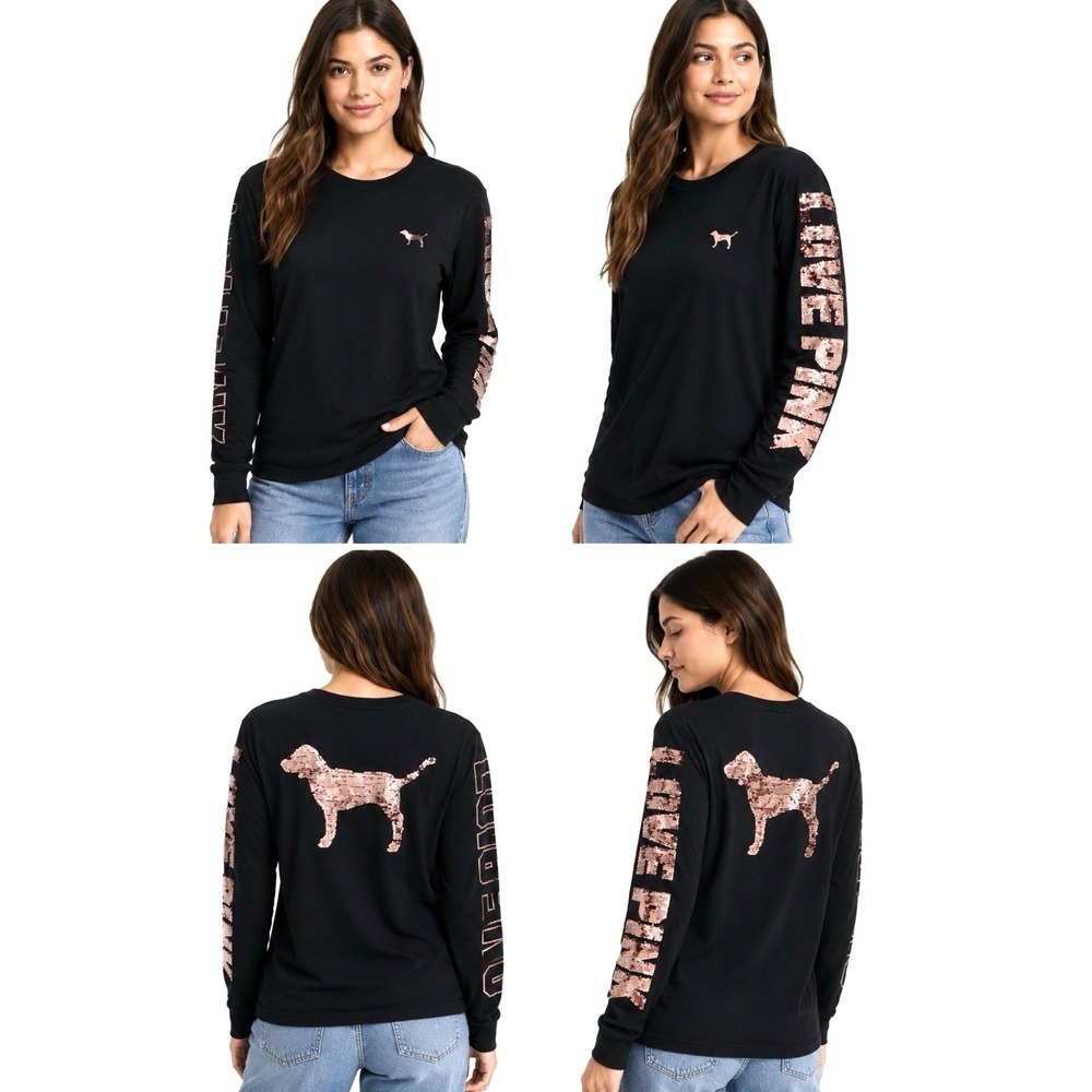 NEW! Victoria's Secret PINK Sequin Dog Long Sleeve Campus Tee Shirt Black XS